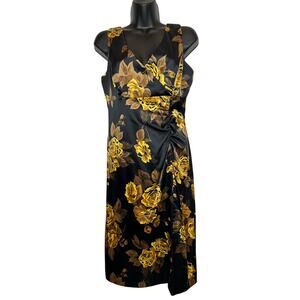 Donna Ricco Black/Gold Floral Sleeveless ruched side Sheath Dress size 8